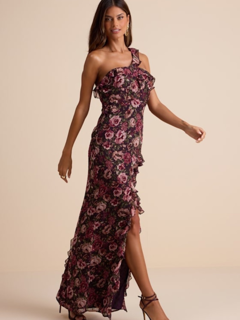 Lulus Bonelle Plum Multi Floral Metallic Clip Dot Ruffled Maxi Dress Purple